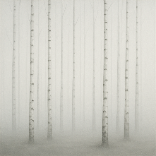 Pale Birch Woodland Silhouette in Whiteout No. 18 Oil Painting 100% Hand Painted Oil on Belgian Linen Canvas, Original Fine Art Wall Decor