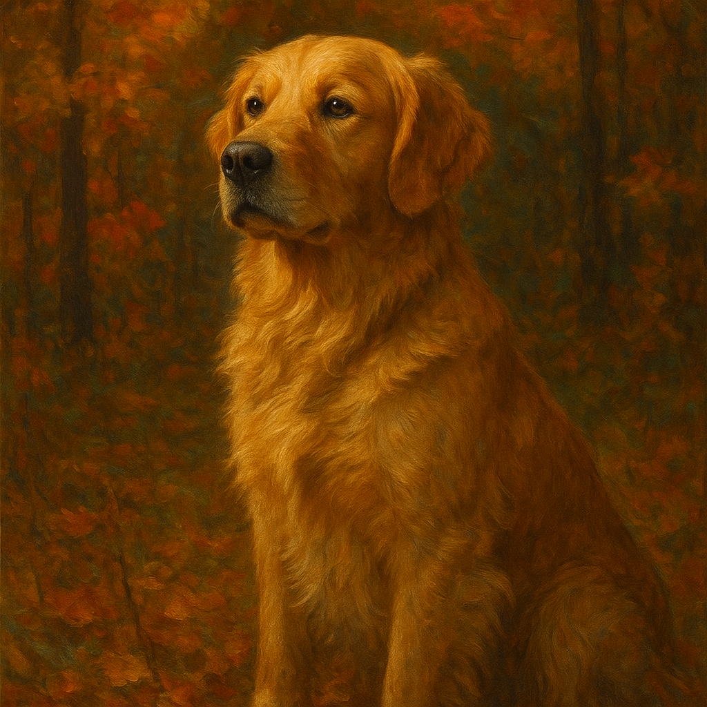 Noble Golden Retriever in Autumn Woods No. 3 Fine Art Oil Painting - View 1