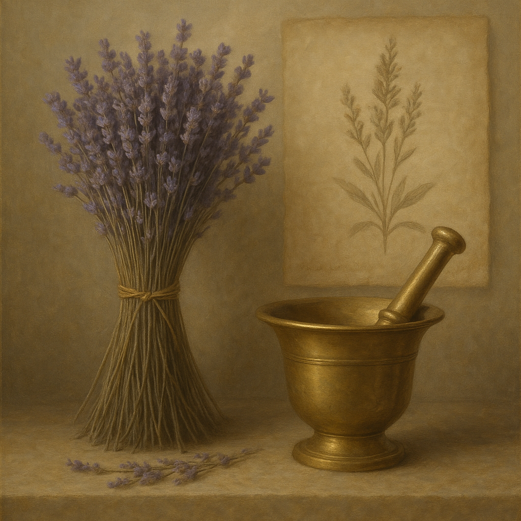 Lavender Herbarium & Mortar Study No. 5 Oil Painting - View 1