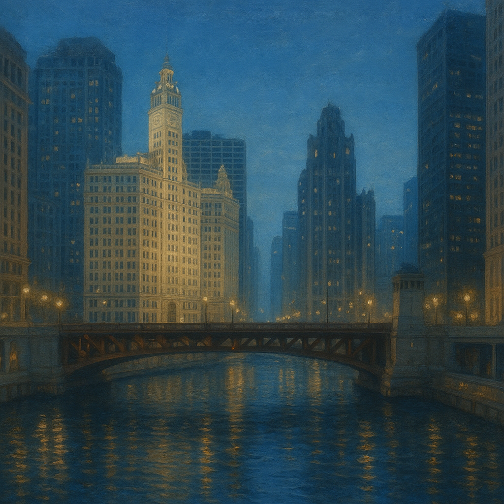 Chicago Riverfront Architecture at Blue Hour No. 13 Oil Painting - View 1