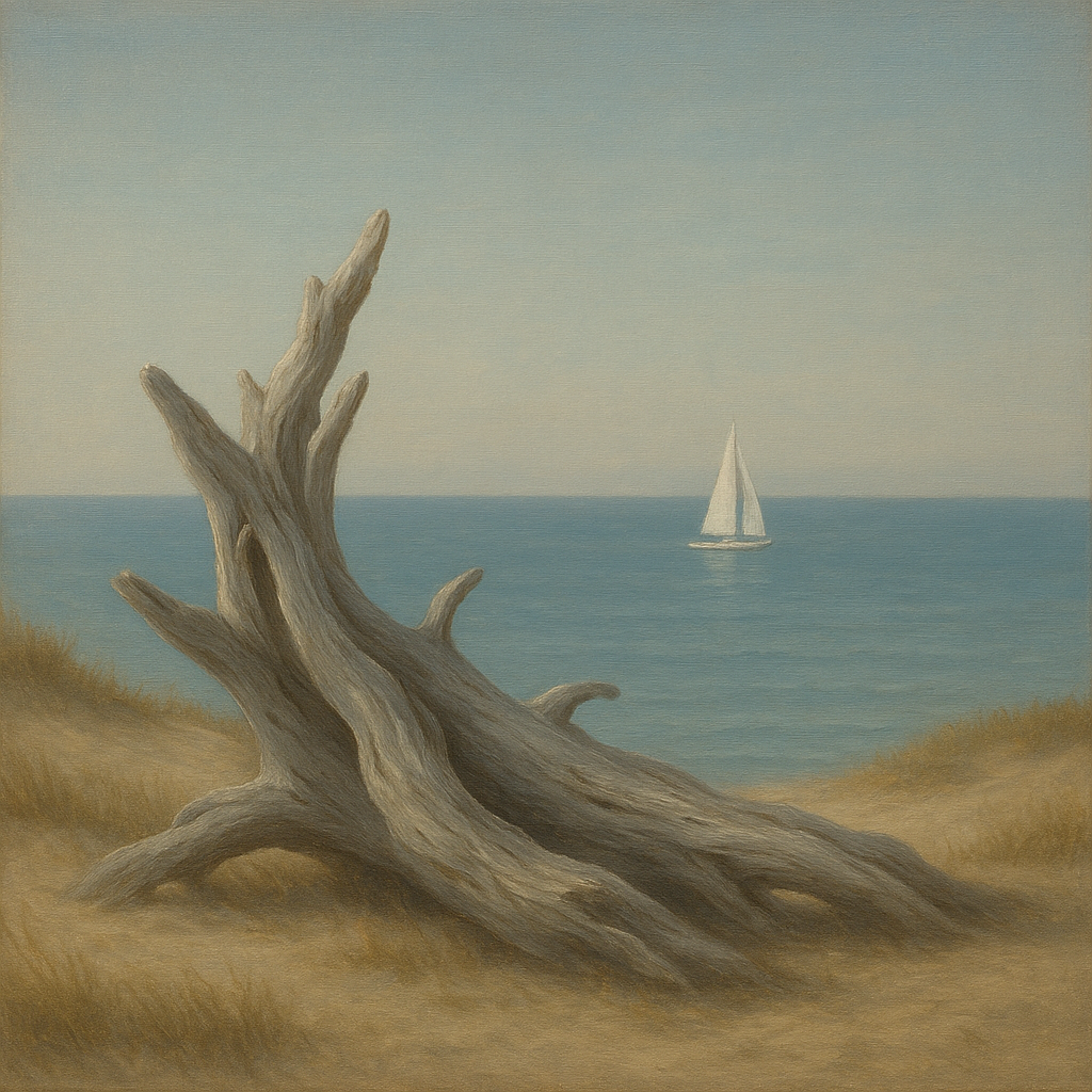 Sun-Bleached Driftwood & Distant Sailboat No. 13 Oil Painting - View 1
