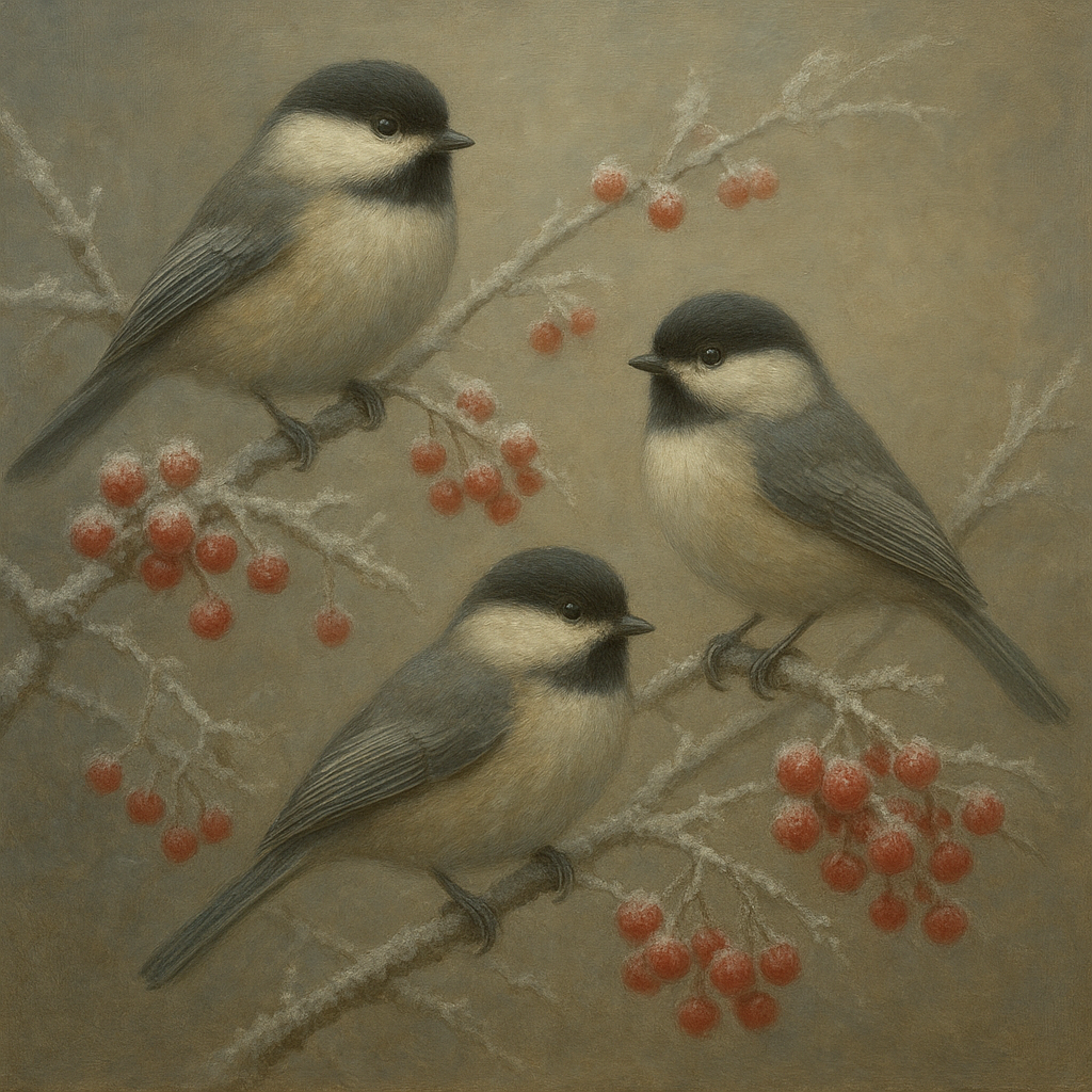 Winter Birds on Frosty Red Berry Branch Oil Painting - View 1
