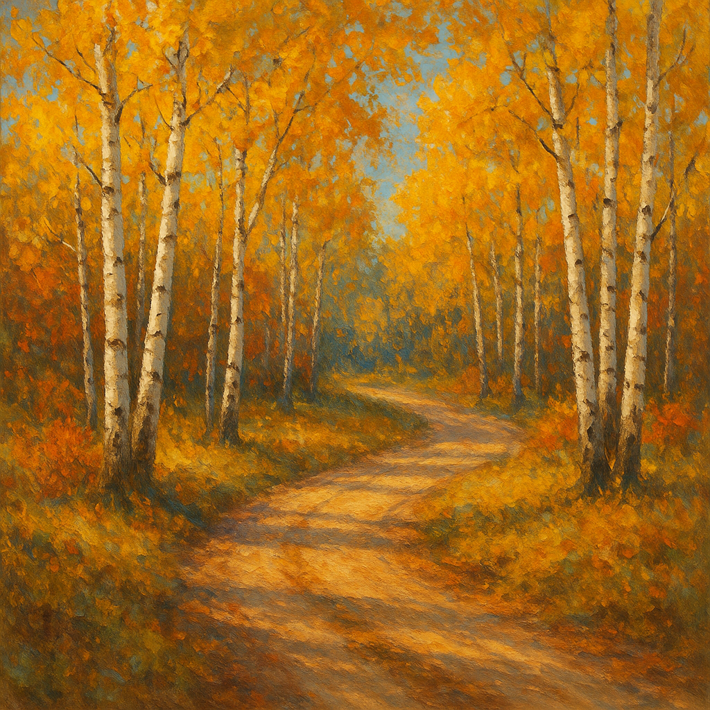 Winding Country Dirt Road through Birch Glade No. 5 Fine Art Oil Painting - View 1