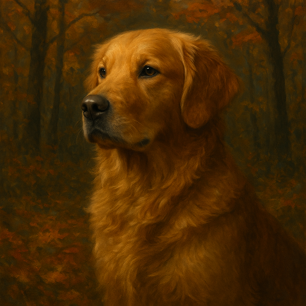 Noble Golden Retriever in Autumn Woods No. 11 Fine Art Oil Painting - View 1