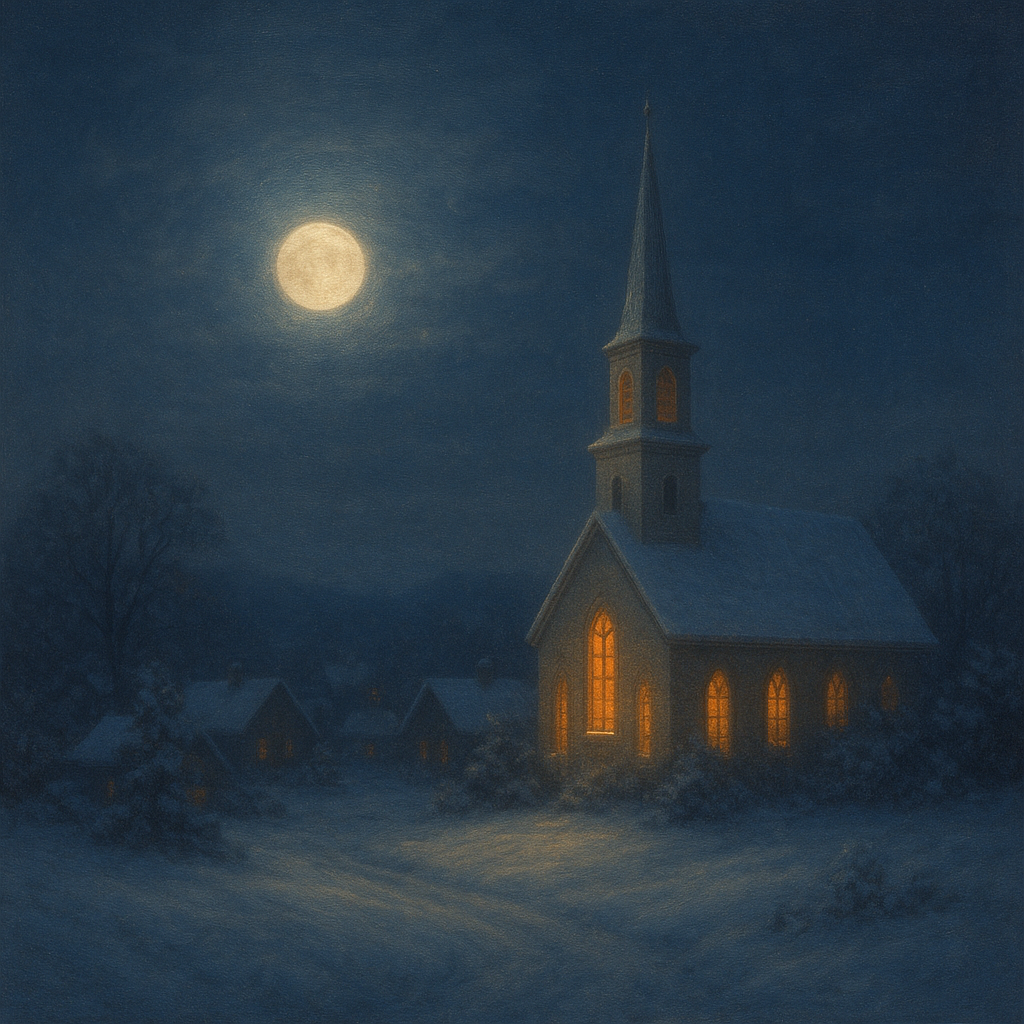 Moonlight Over Snowy Village Steeple No. 2 Oil Painting 100% Hand Painted Oil on Belgian Linen Canvas, Original Fine Art Wall Decor