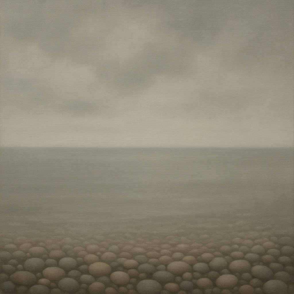 Overcast Coastal Fog & Wet Pebble Shingle Oil Painting - View 1