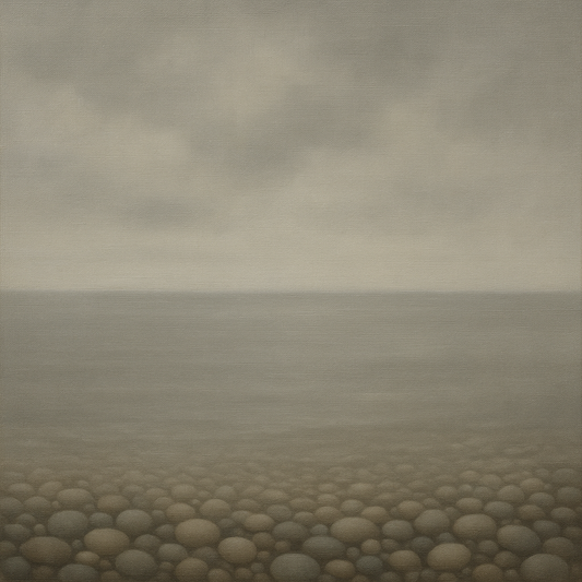 Overcast Coastal Fog & Wet Pebble Shingle Oil Painting 100% Hand Painted Oil on Belgian Linen Canvas, Original Fine Art Wall Decor