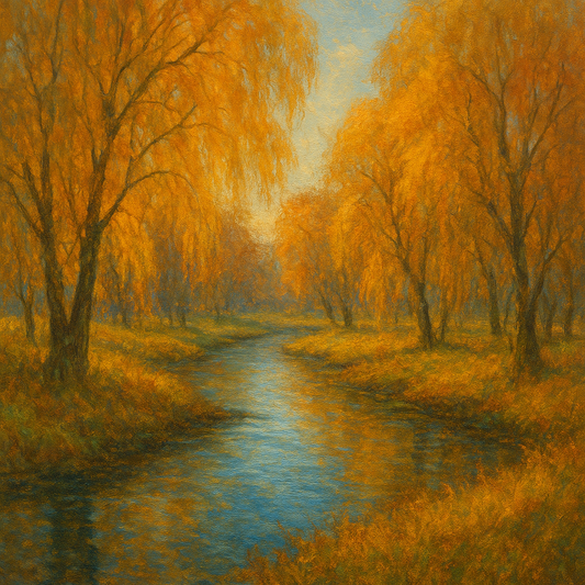 Tranquil River through Autumn Willow Woods No. 10 Fine Art Oil Painting - View 1