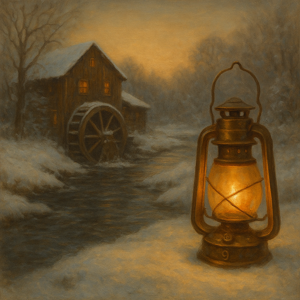 Snowy Mill Stream & Glowing Lantern No. 9 Oil Painting - View 1