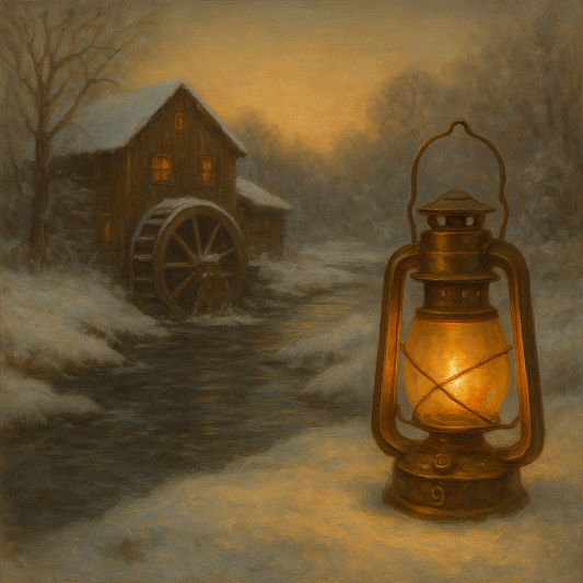 Snowy Mill Stream & Glowing Lantern No. 9 Oil Painting 100% Hand Painted Oil on Belgian Linen Canvas, Original Fine Art Wall Decor