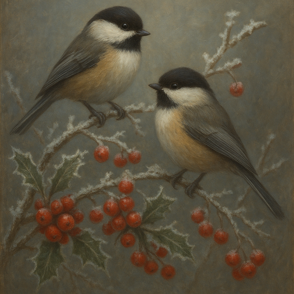 Winter Birds on Frosty Red Berry Branch No. 7 Oil Painting - View 1