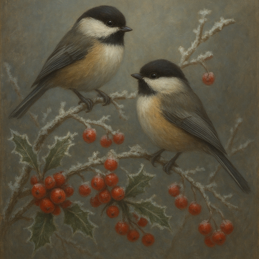 Winter Birds on Frosty Red Berry Branch No. 7 Oil Painting - View 1