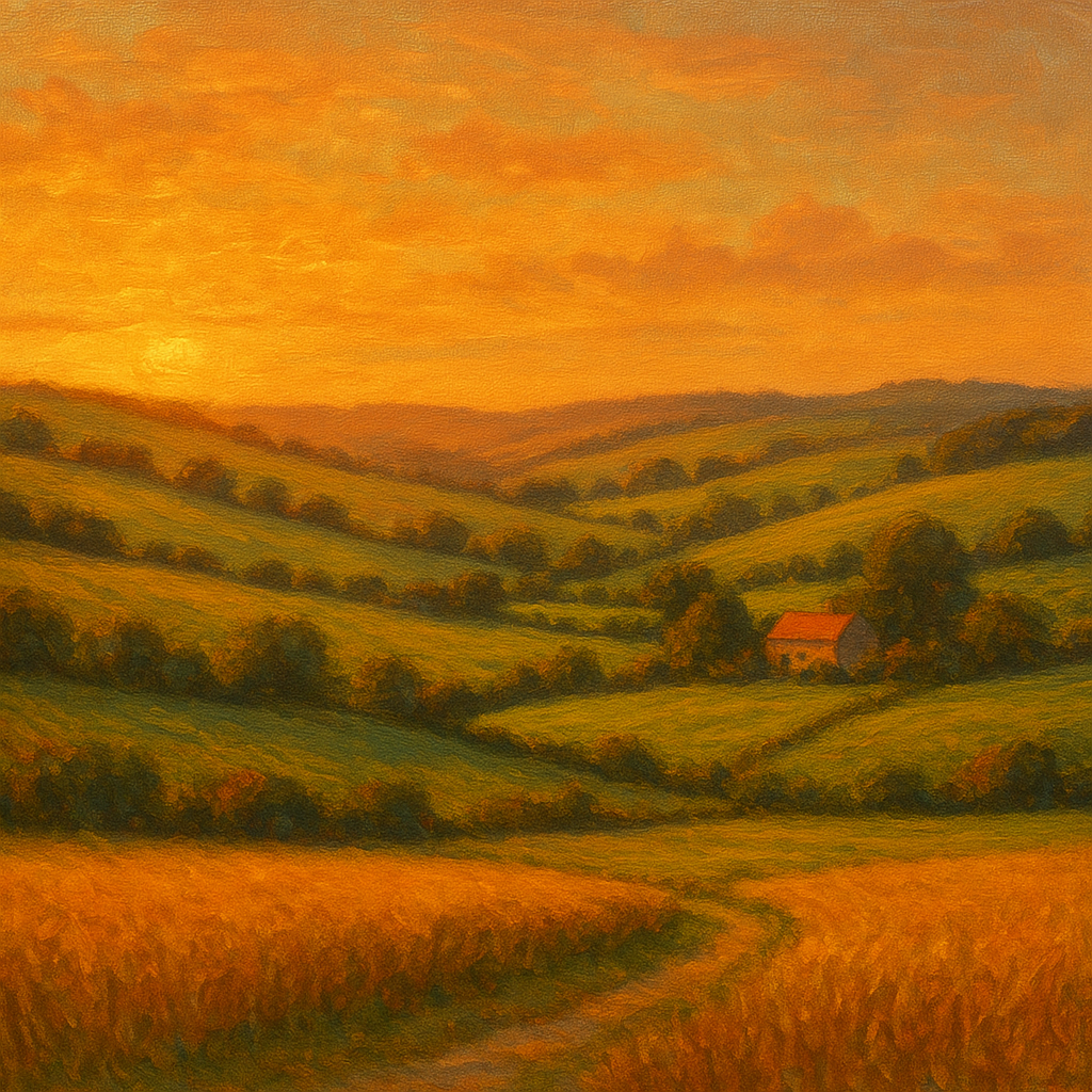 Rolling Pastoral Hills in Warm Golden Sunset Fine Art Oil Painting - View 1