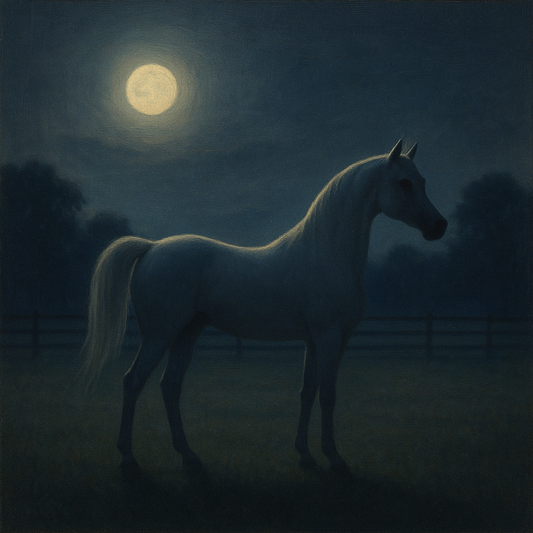 Moonlit Paddock with White Arabian Silhouette No. 17 Oil Painting 100% Hand Painted Oil on Belgian Linen Canvas, Original Fine Art Wall Decor