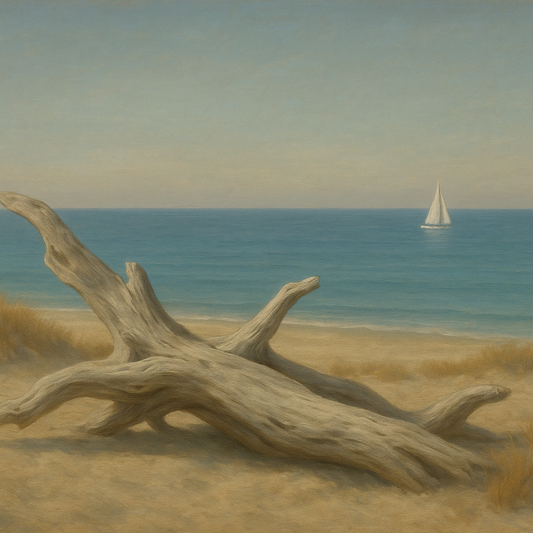 Sun-Bleached Driftwood & Distant Sailboat No. 11 Oil Painting 100% Hand Painted Oil on Belgian Linen Canvas, Original Fine Art Wall Decor