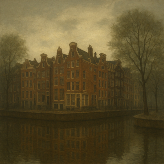 Amsterdam Canal Houses Under Overcast Sky Oil Painting - View 1