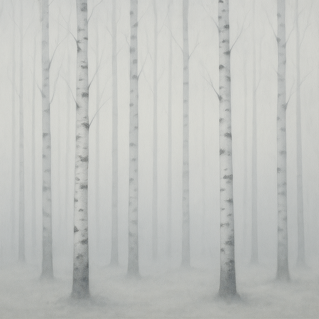 Pale Birch Woodland Silhouette in Whiteout No. 23 Oil Painting - View 1