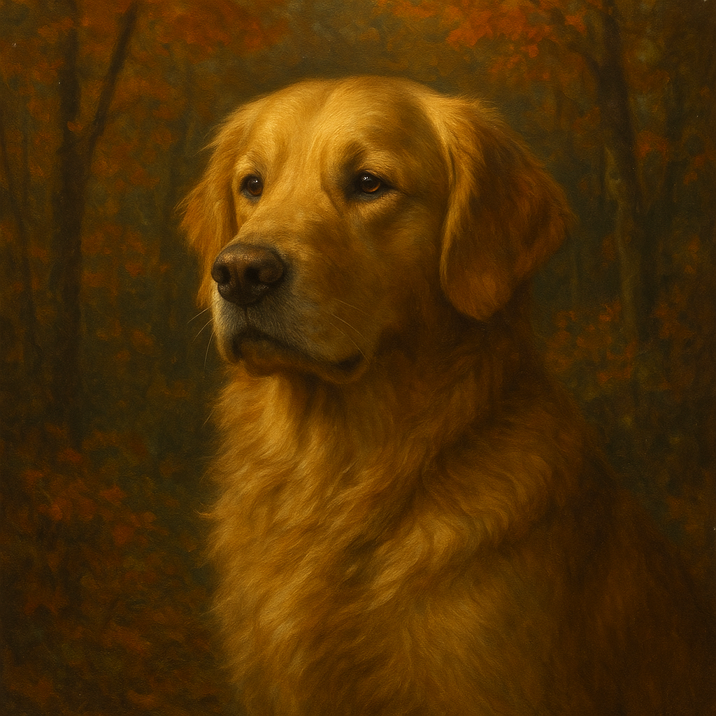 Noble Golden Retriever in Autumn Woods No. 14 Fine Art Oil Painting - View 1