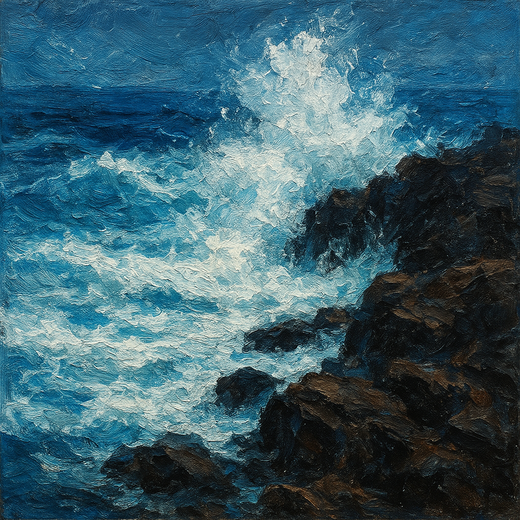 Crashing Azure Sea Foam Oil Painting - View 1