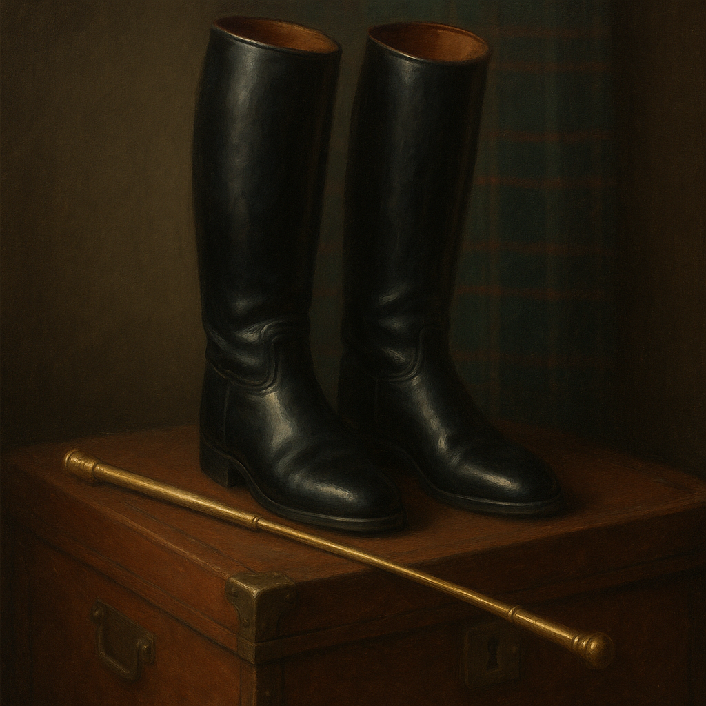 Vintage Riding Boots & Brass Crop on Trunk No. 2 Oil Painting 100% Hand Painted Oil on Belgian Linen Canvas, Original Fine Art Wall Decor