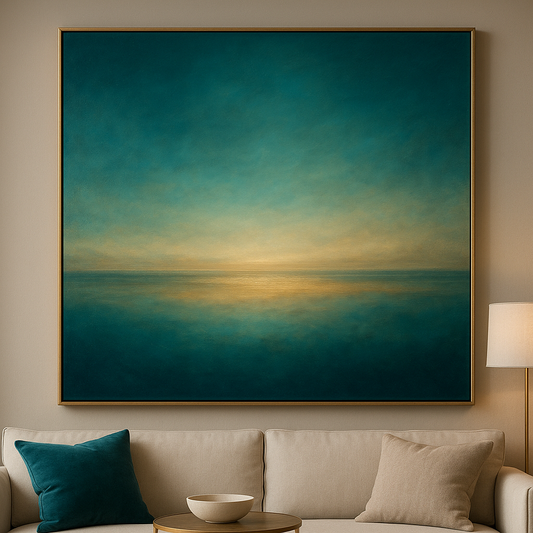 Peacock Teal & Champagne Gold Horizon No. 18 Oil Painting 100% Hand Painted Oil on Belgian Linen Canvas, Original Fine Art Wall Decor