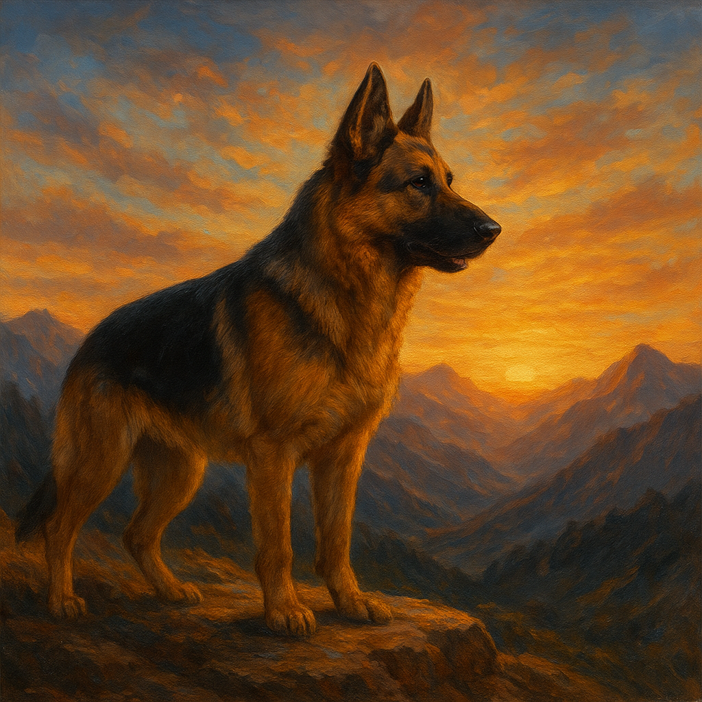 German Shepherd Standing in Alpine Sunset No. 10 Fine Art Oil Painting - View 1