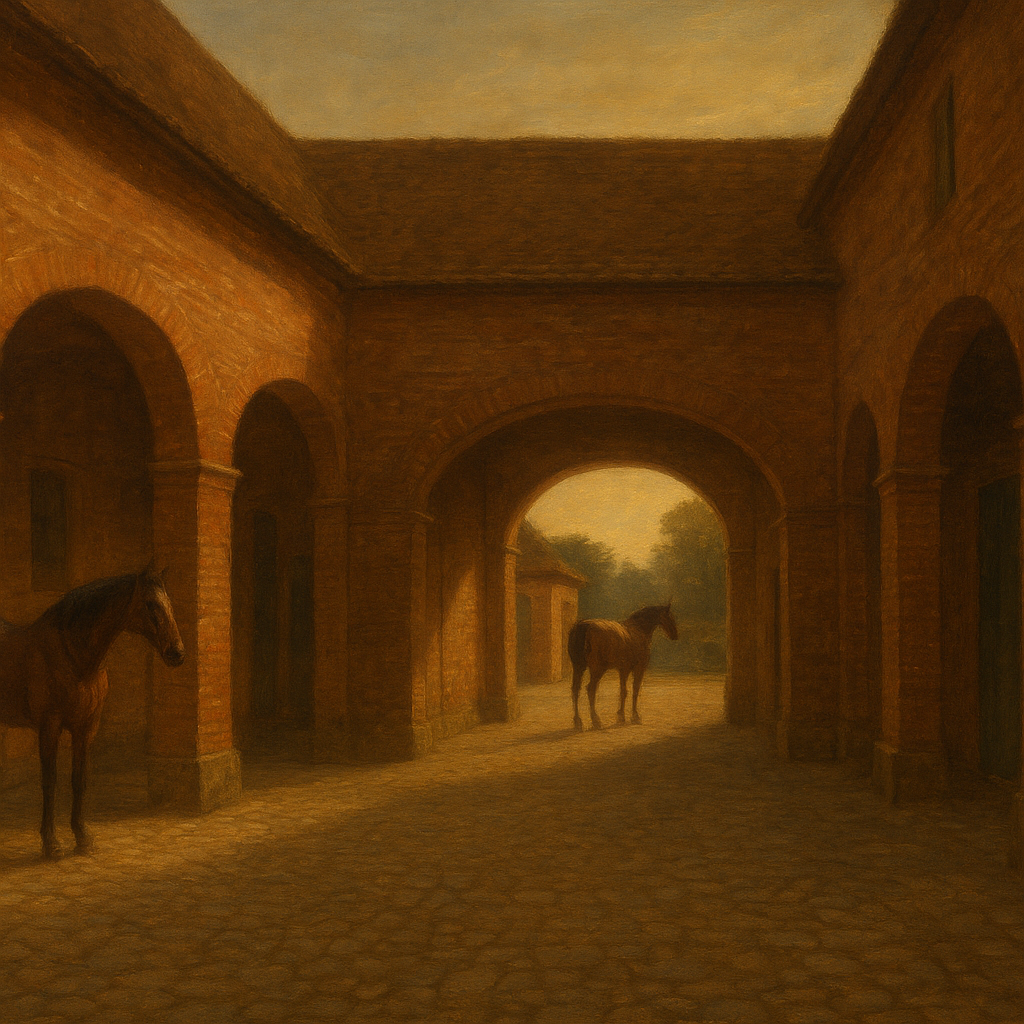 Equestrian Stable Courtyard in Late Afternoon No. 20 Oil Painting 100% Hand Painted Oil on Belgian Linen Canvas, Original Fine Art Wall Decor