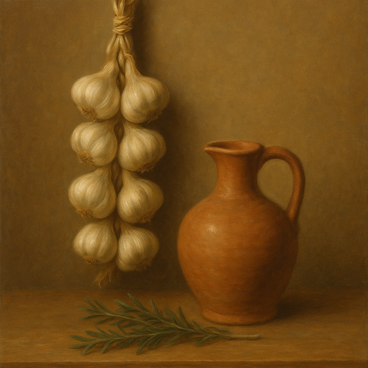 Tuscan Garlic Braid & Terracotta Cruet No. 6 Oil Painting 100% Hand Painted Oil on Belgian Linen Canvas, Original Fine Art Wall Decor