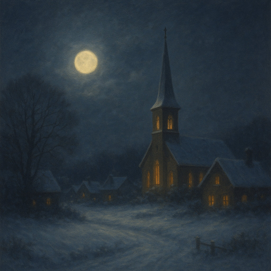 Moonlight Over Snowy Village Steeple No. 6 Oil Painting - View 1