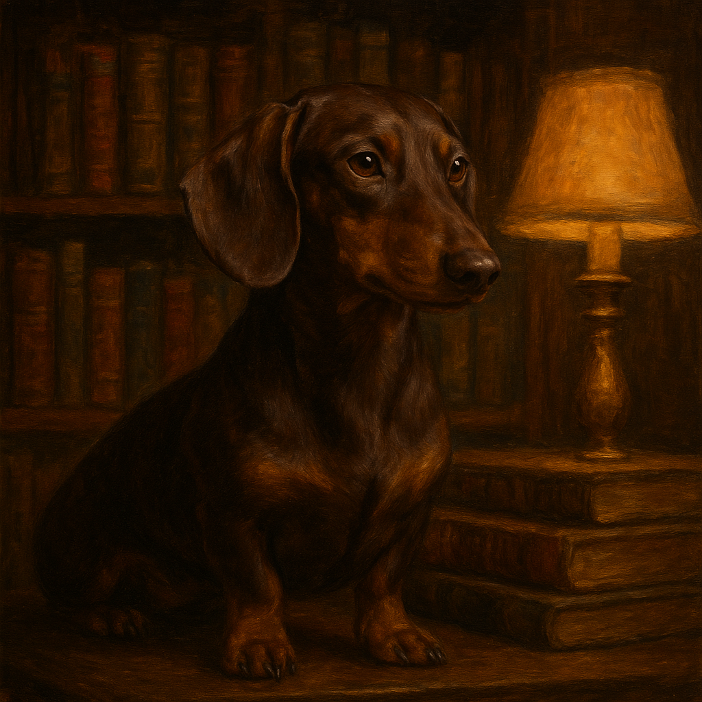 Smooth Dachshund in Moody Library Study No. 13 Fine Art Oil Painting - View 1