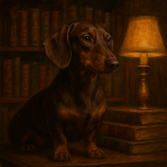 Smooth Dachshund in Moody Library Study No. 13 Fine Art Oil Painting - View 1
