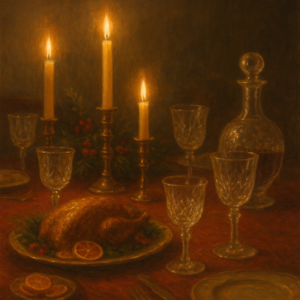 Candlelit Holiday Table & Vintage Glassware No. 9 Oil Painting - View 1