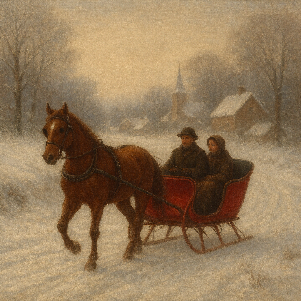 Horse-Drawn Sleigh on Village Snow Road No. 5 Oil Painting - View 1