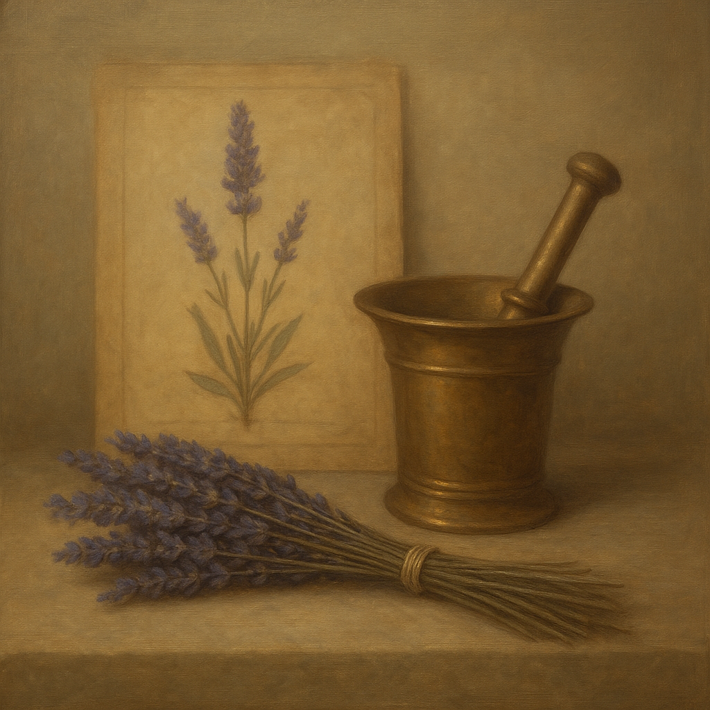Lavender Herbarium & Mortar Study No. 9 Oil Painting - View 1