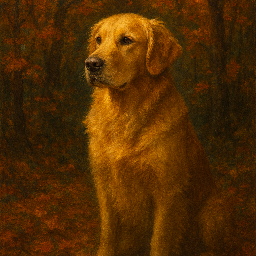 Noble Golden Retriever in Autumn Woods No. 17 Fine Art Oil Painting - View 1
