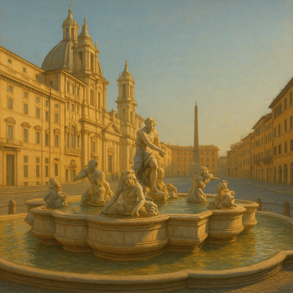 Rome Piazza Fountain in Morning Sunlight No. 8 Oil Painting - View 1