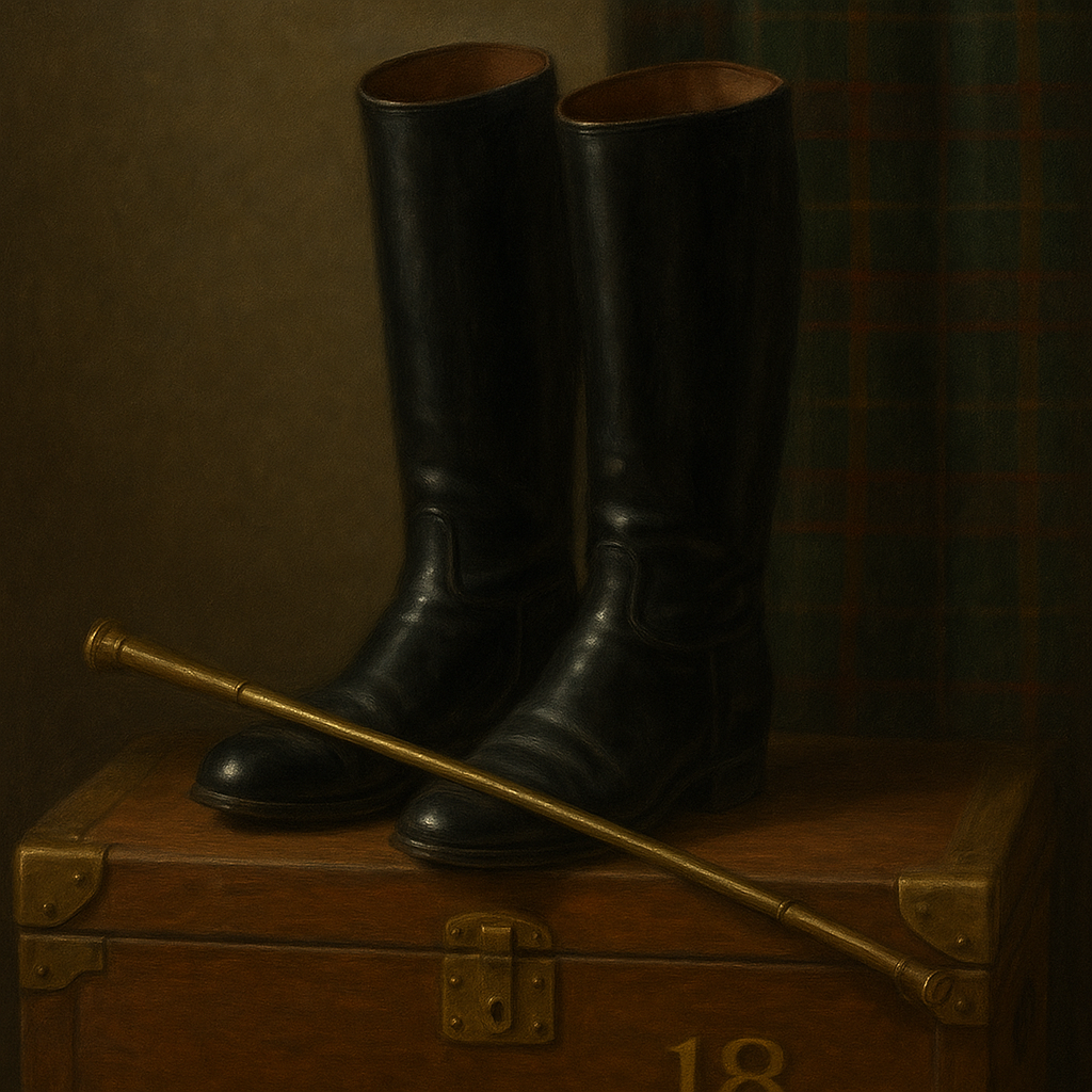 Vintage Riding Boots & Brass Crop on Trunk No. 18 Oil Painting 100% Hand Painted Oil on Belgian Linen Canvas, Original Fine Art Wall Decor