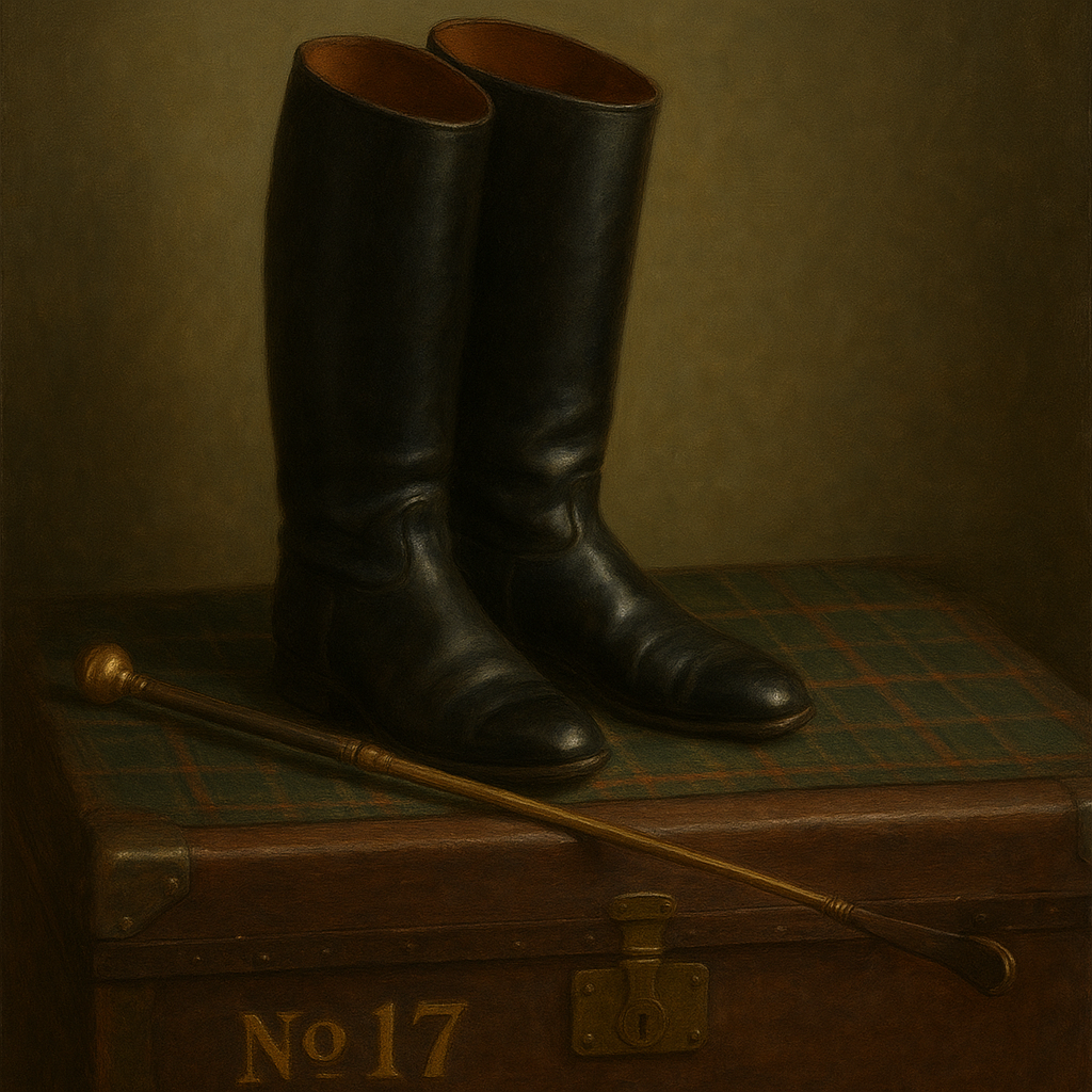 Vintage Riding Boots & Brass Crop on Trunk No. 17 Oil Painting 100% Hand Painted Oil on Belgian Linen Canvas, Original Fine Art Wall Decor