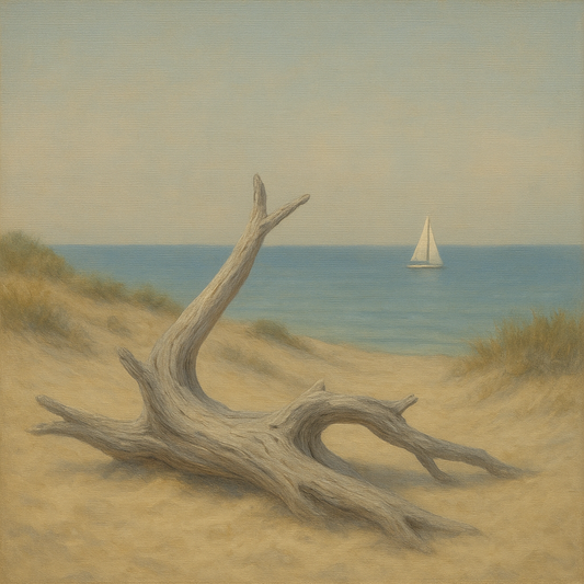 Sun-Bleached Driftwood & Distant Sailboat No. 2 Oil Painting 100% Hand Painted Oil on Belgian Linen Canvas, Original Fine Art Wall Decor