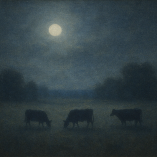 Moonlit Pastoral Meadow & Cattle Silhouettes No. 9 Oil Painting 100% Hand Painted Oil on Belgian Linen Canvas, Original Fine Art Wall Decor