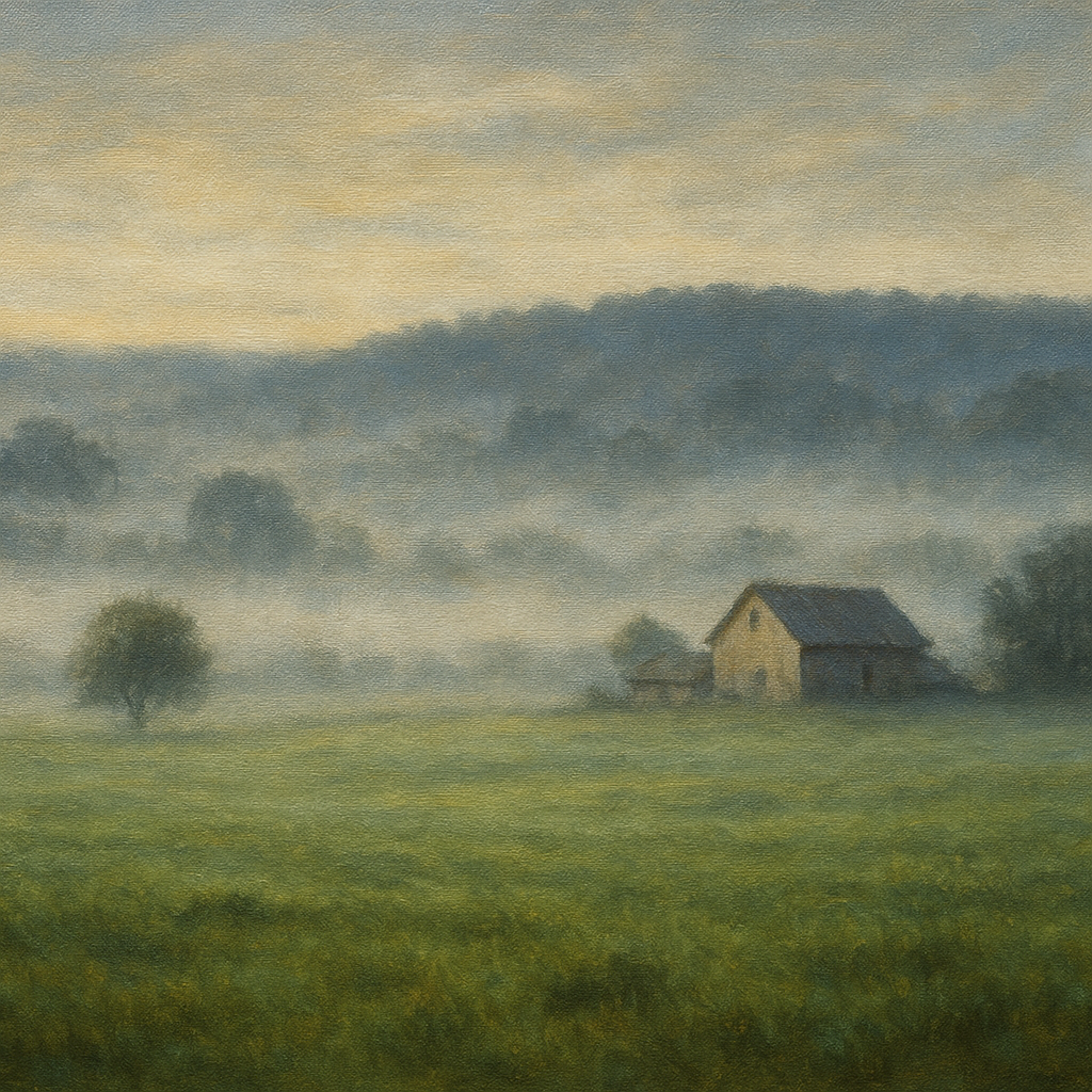 Misty Morning Pasture with Distant Wooded Ridge No. 5 Fine Art Oil Painting - View 1