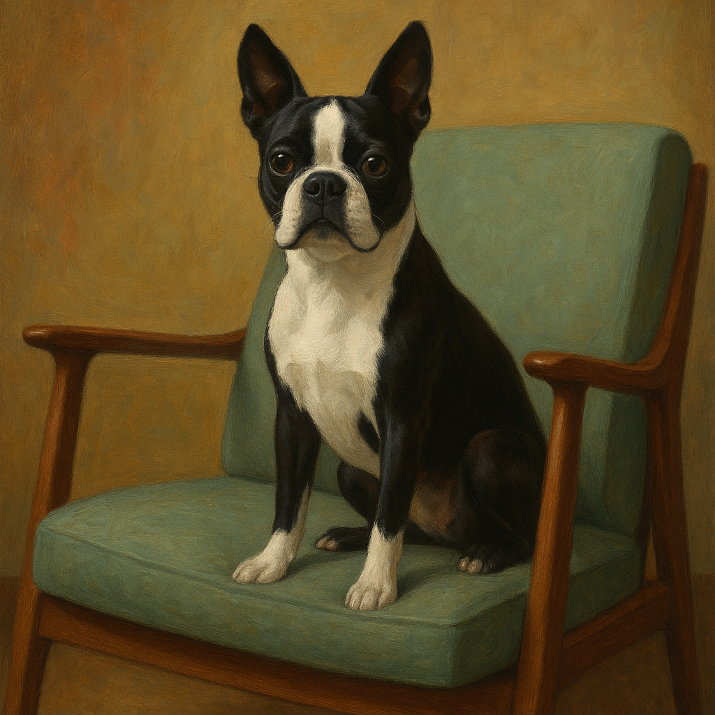 Boston Terrier in Warm Mid-Century Armchair No. 8 Fine Art Oil Painting - View 1