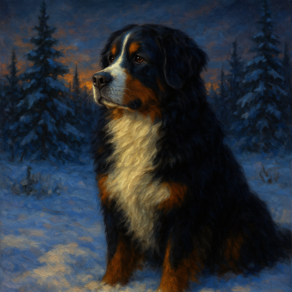 Bernese Mountain Dog in Winter Snowscape No. 12 Fine Art Oil Painting - View 1