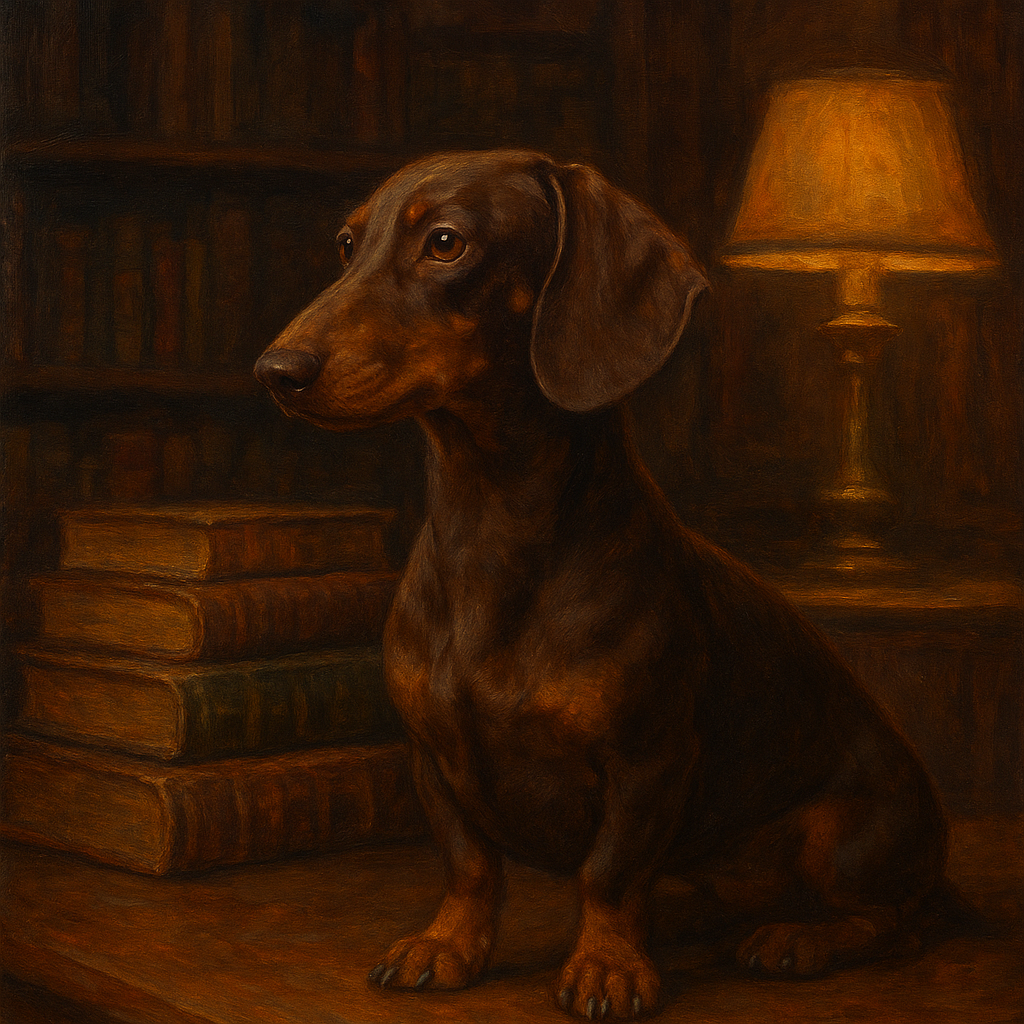 Smooth Dachshund in Moody Library Study No. 2 Fine Art Oil Painting - View 1