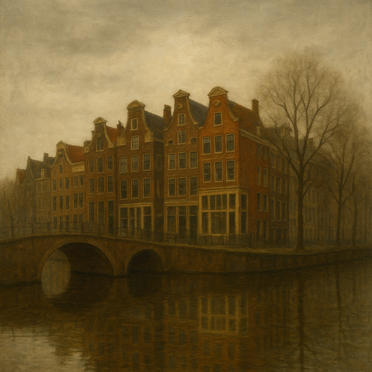 Amsterdam Canal Houses Under Overcast Sky No. 8 Oil Painting 100% Hand Painted Oil on Belgian Linen Canvas, Original Fine Art Wall Decor