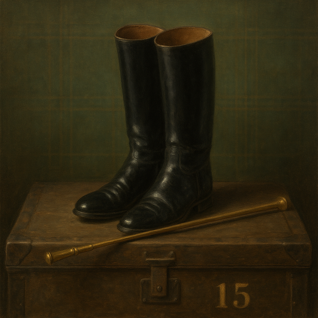 Vintage Riding Boots & Brass Crop on Trunk No. 15 Oil Painting - View 1