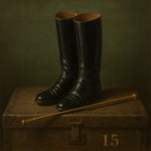 Vintage Riding Boots & Brass Crop on Trunk No. 15 Oil Painting 100% Hand Painted Oil on Belgian Linen Canvas, Original Fine Art Wall Decor