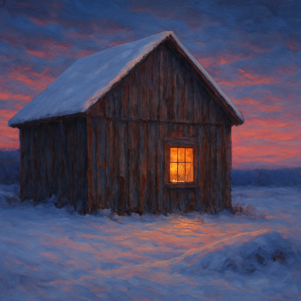 Rustic Wooden Barn in Quiet Winter Twilight No. 10 Fine Art Oil Painting - View 1