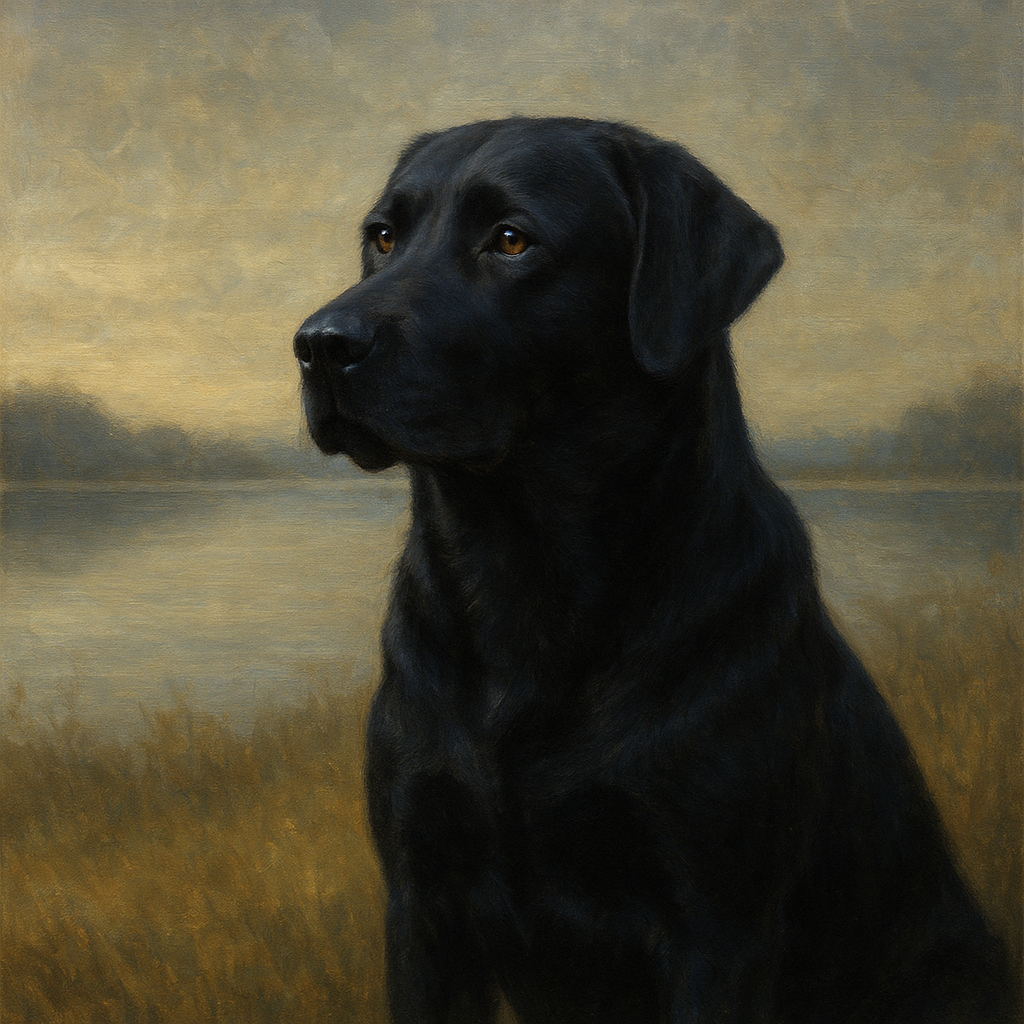 Black Labrador Retriever by Misty Lake Horizon Fine Art Oil Painting - View 1