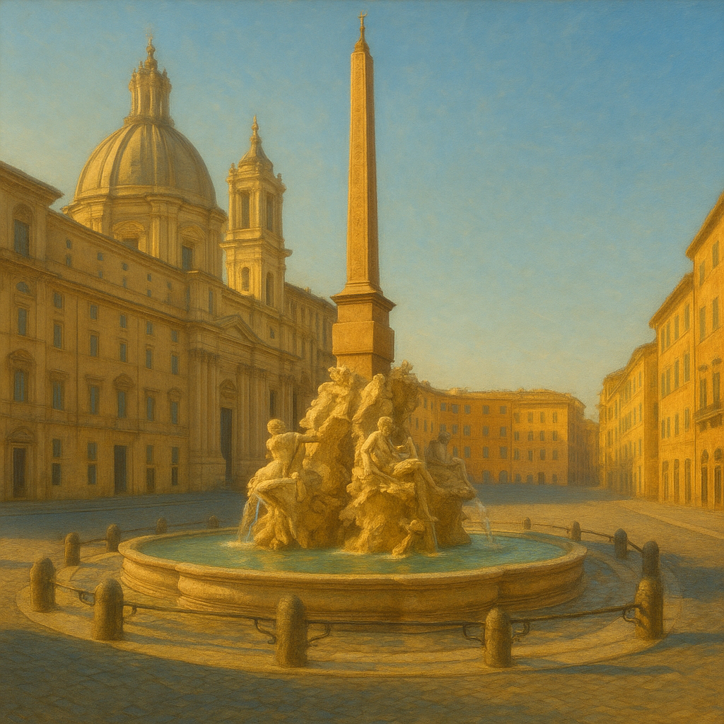 Rome Piazza Fountain in Morning Sunlight No. 23 Oil Painting - View 1